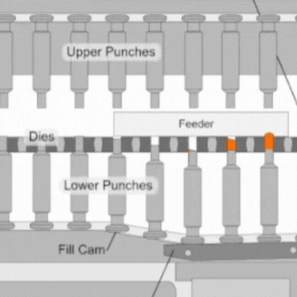 An animated gif of the filling process in tablet press operation.