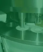 Compression stage of tableting in rotary tablet press.